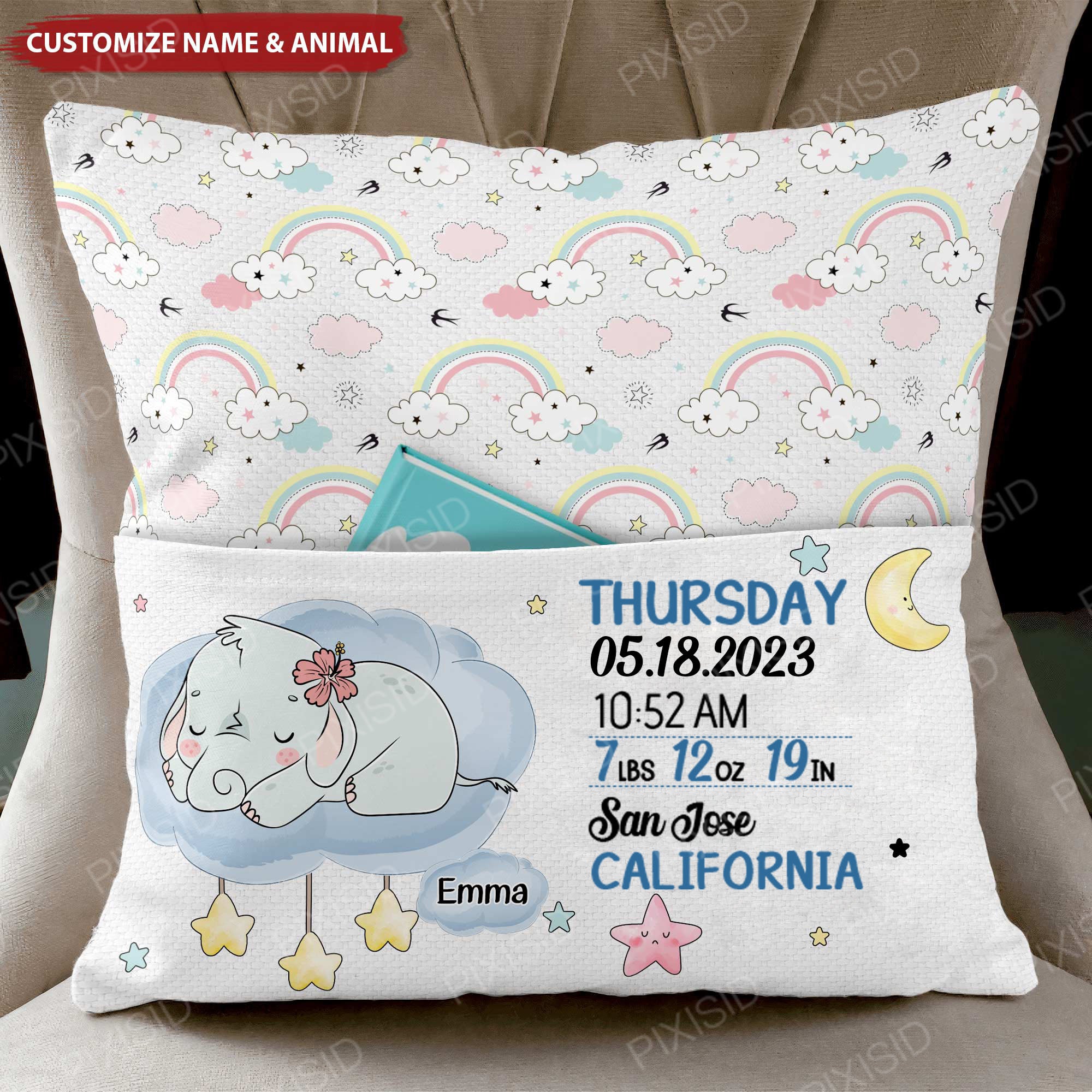 Sleeping Animal Baby Boy Girl Birth Announcement - Personalized Pocket Pillow