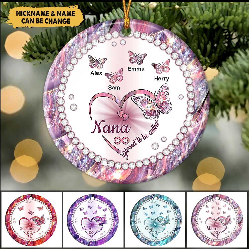 Sparkling Butterfly Grandma Nana Mom Mimi Grandkids Personalized Ceramic Ornament