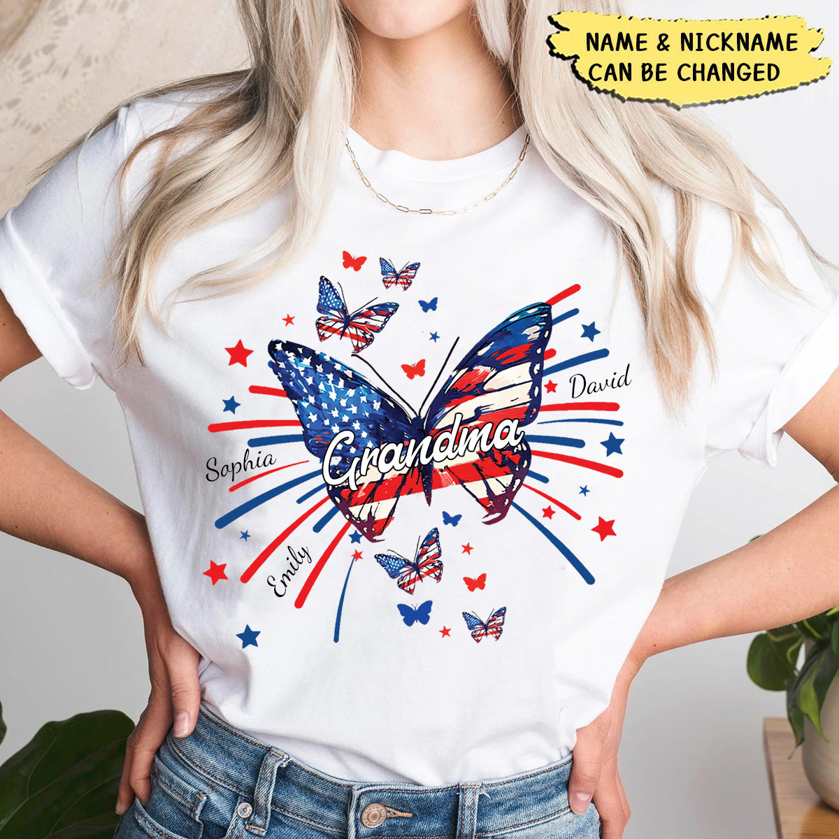 Grandma Grandkids Butterfly Flag Star And 4th of July Personalized T-Shirt