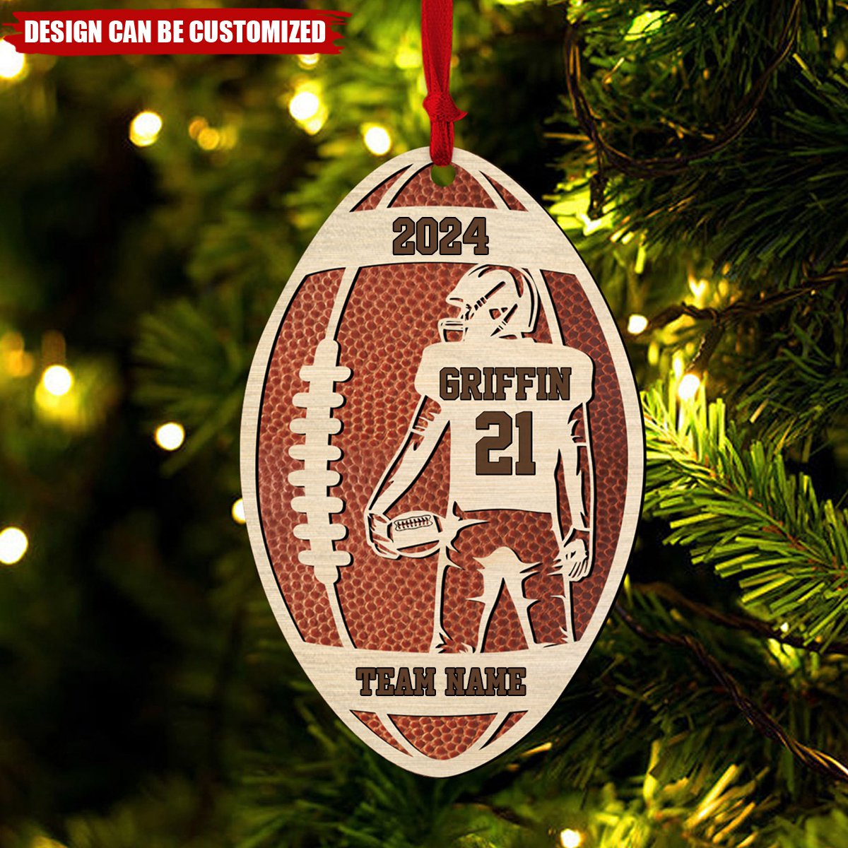 Personalized Football Player Wood Christmas Ornament