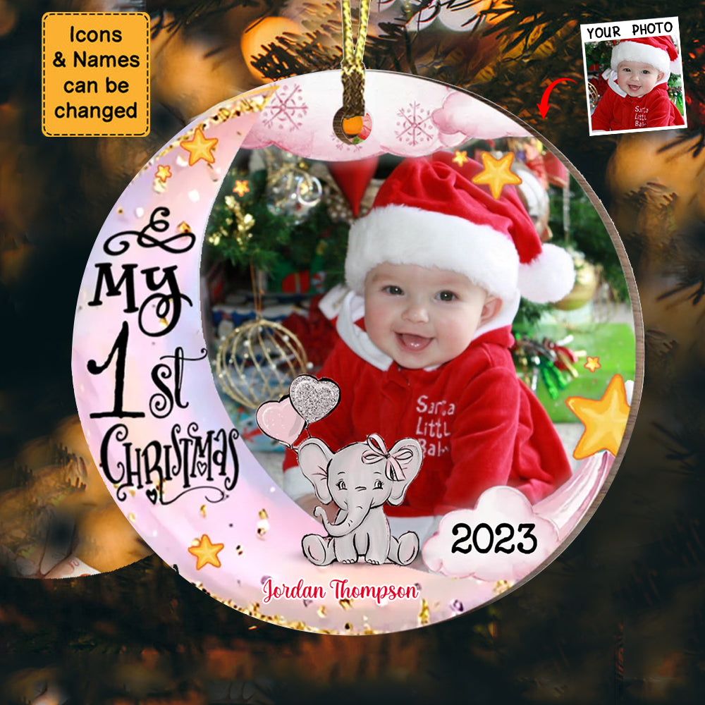 Baby's First Christmas Animal Upload Photo Circle Ornament