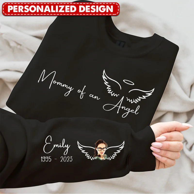 Memorial Custom Photo Wings On Sleeve, Momma Daddy Of An Angel Personalized Sweatshirt