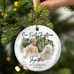 Custom Photo First Christmas As Mr & Mrs Couples - Personalized Circle Ceramic Ornament