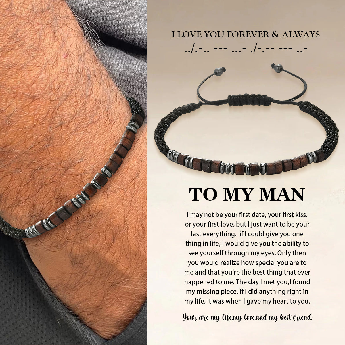 To My Man -I Love You Forever & Always Morse Code Bracelet