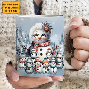 Snowman Grandma With Adorable Grandkids Personalized Mug