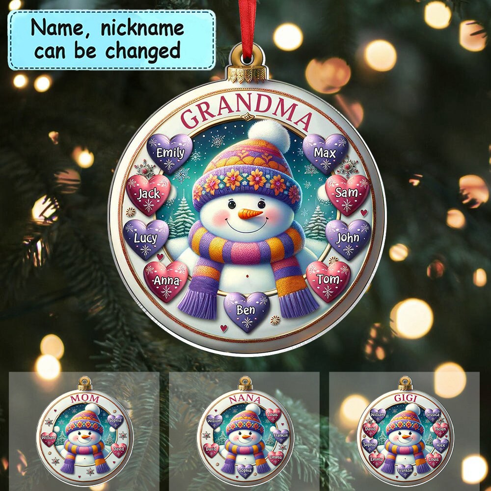 Happy Snowman Grandma Mom Cute Sweet Heart Kids Personalized Ornament