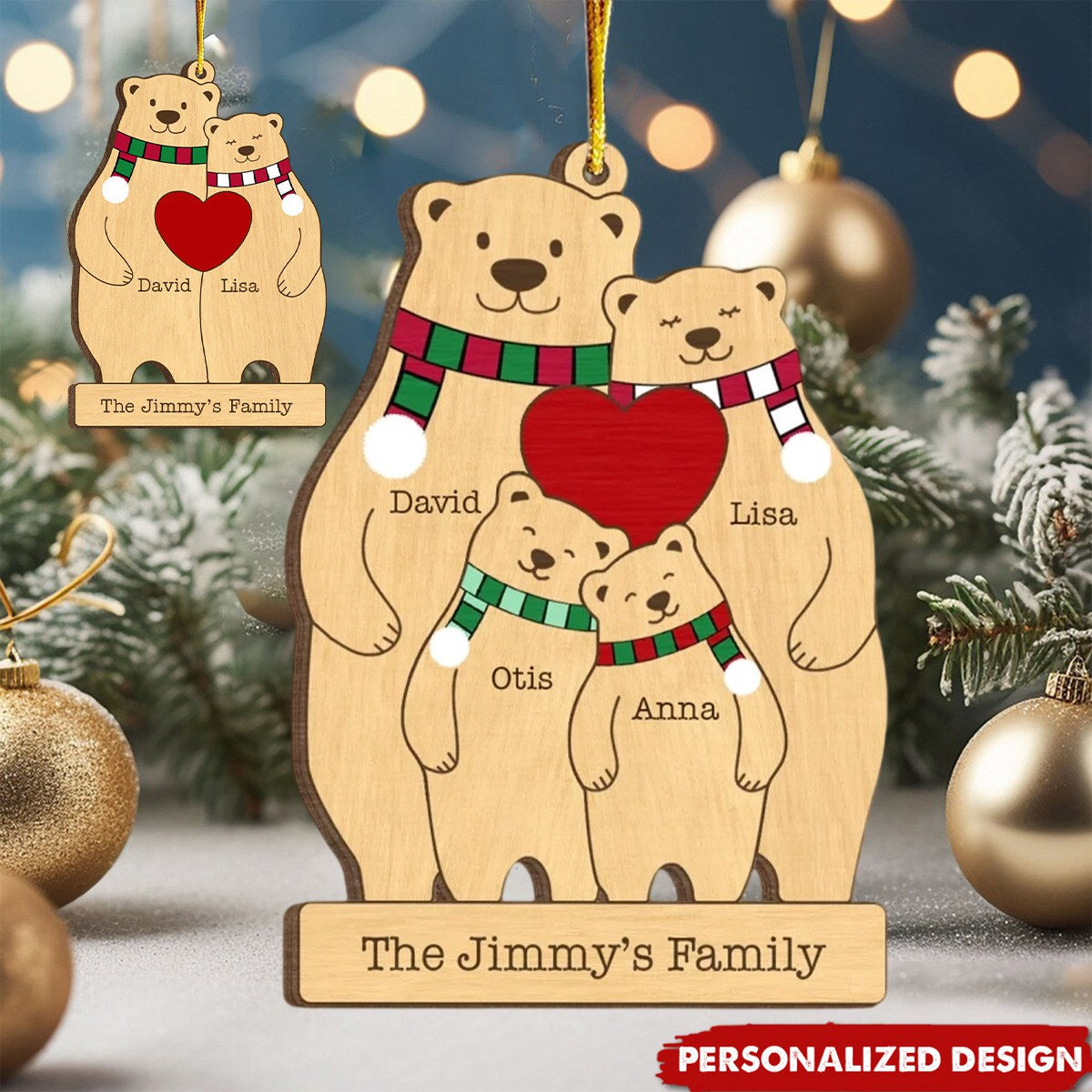 Family Wooden Hug Bears - Personalized Wooden Ornament, Bear Lover Gift