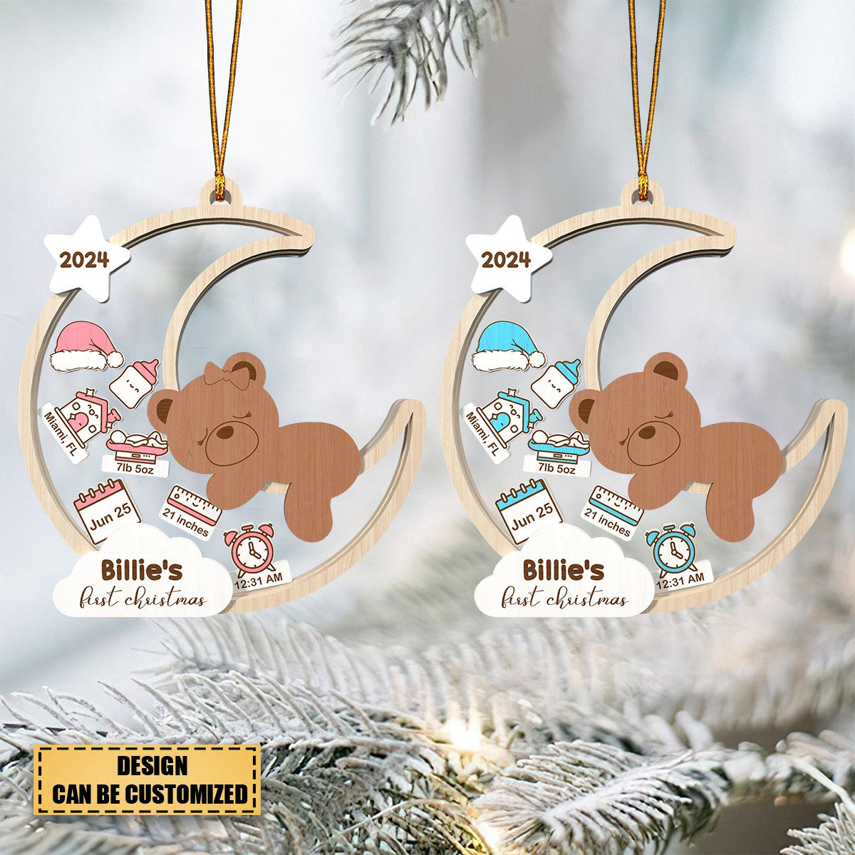 Personalized Baby's First Christmas Baby Bear Moon Ornament