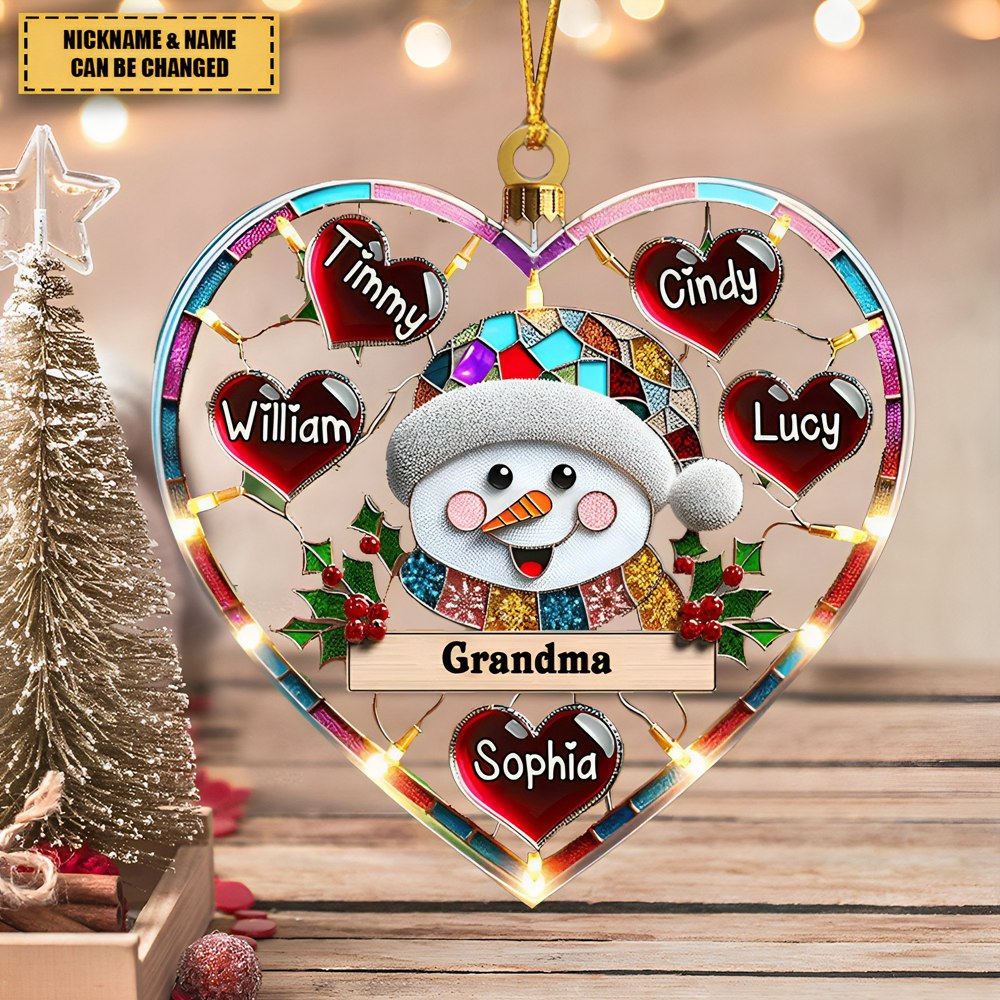 Sparkling Grandma Mom Snowman Heart Kids Personalized Ornament