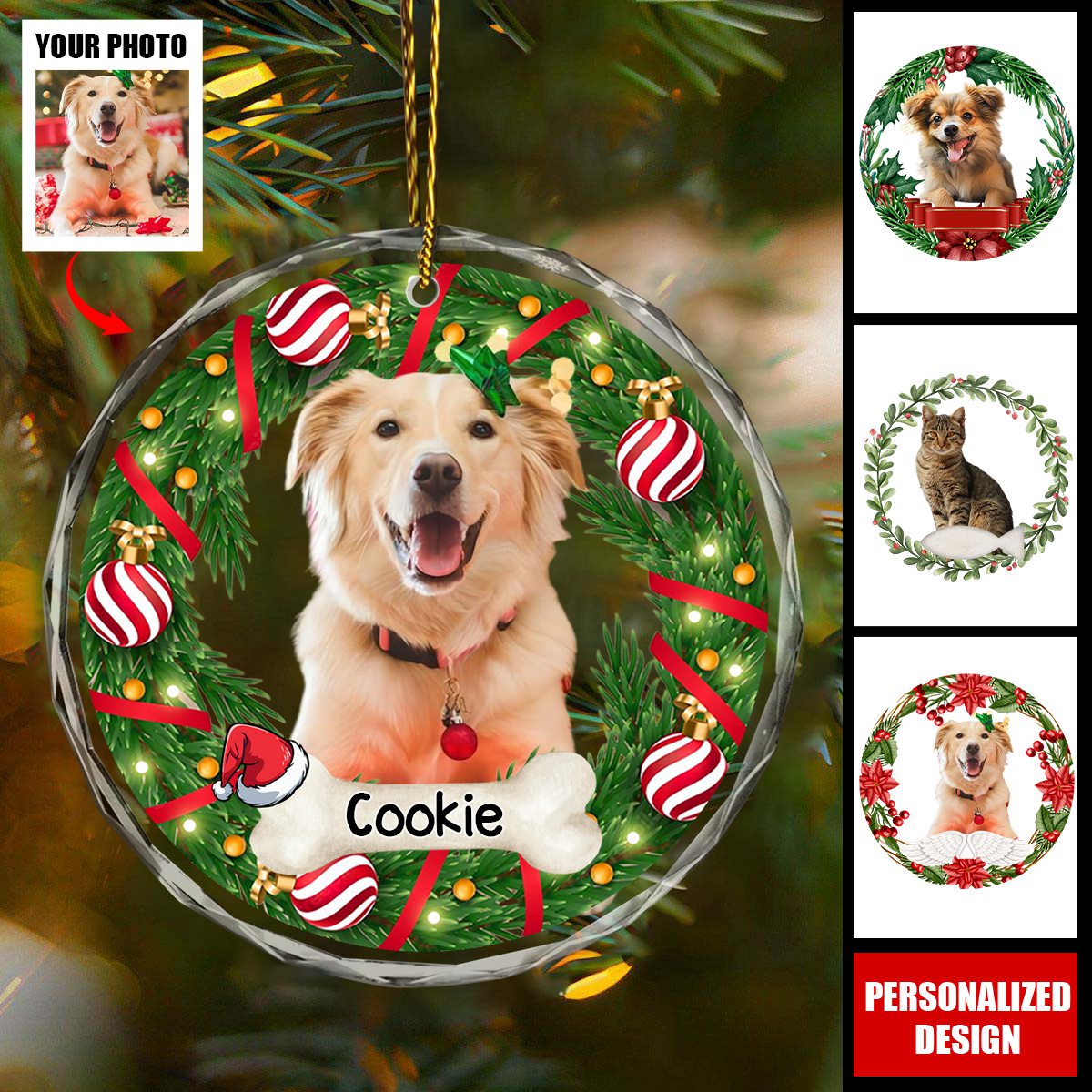 Personalized Custom Photo Dog, Cat Glass Ornament For Christmas