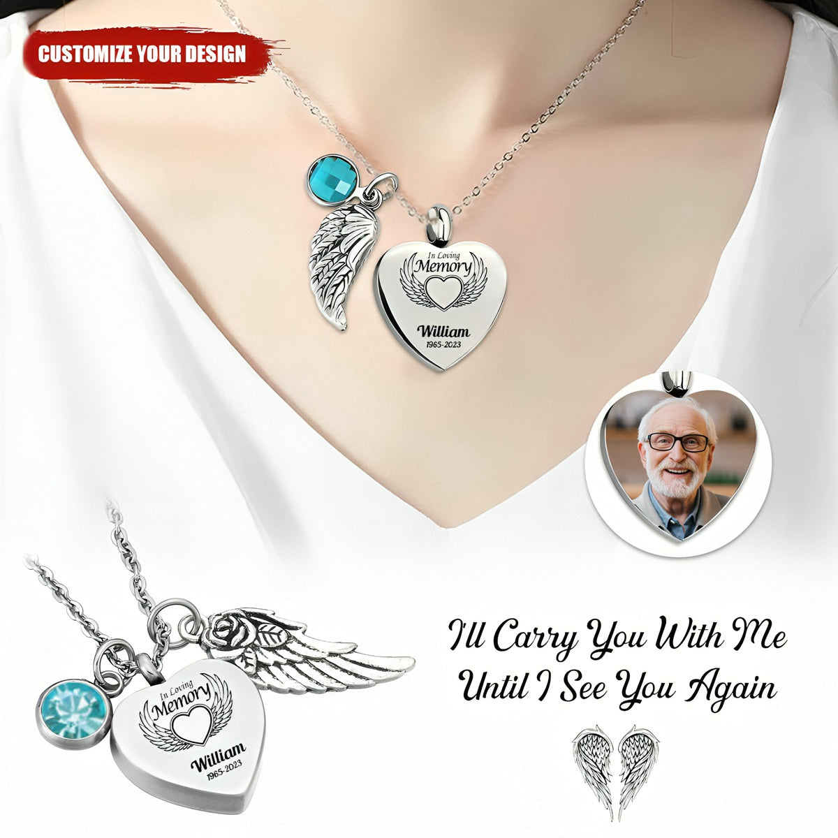 I'll Carry You With Me Personalized Memorial Heart Necklace with Birthstone