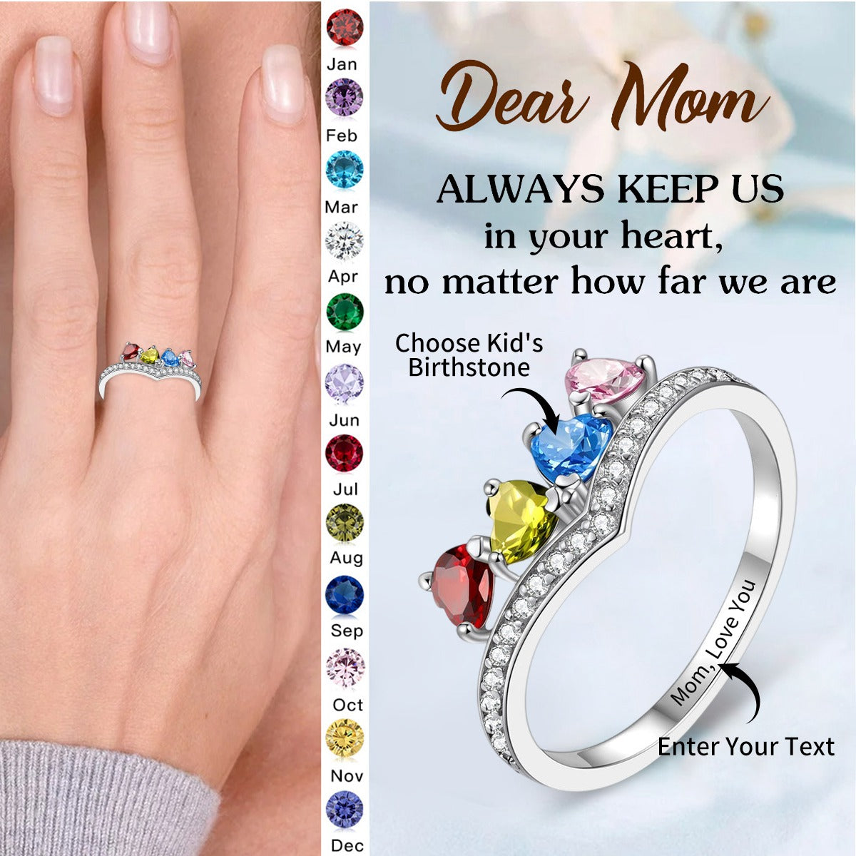 Personalized Grandma Mom Family 1-5 Heart Birthstone Ring