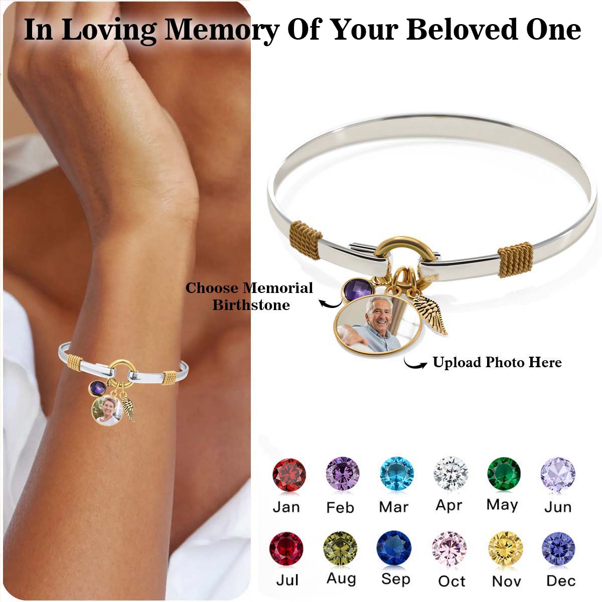 Personalized Memorial Upload Photo Two-Tone Charm Bracelet With Birthstone