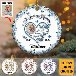 Sparkling Heart Memorial Butterflies Personalized Circle Ceramic Ornament