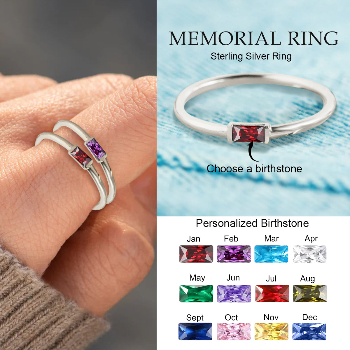 In Loving Memory - Personalized Rectangle Birthstone Memorial Sterling Silver Ring