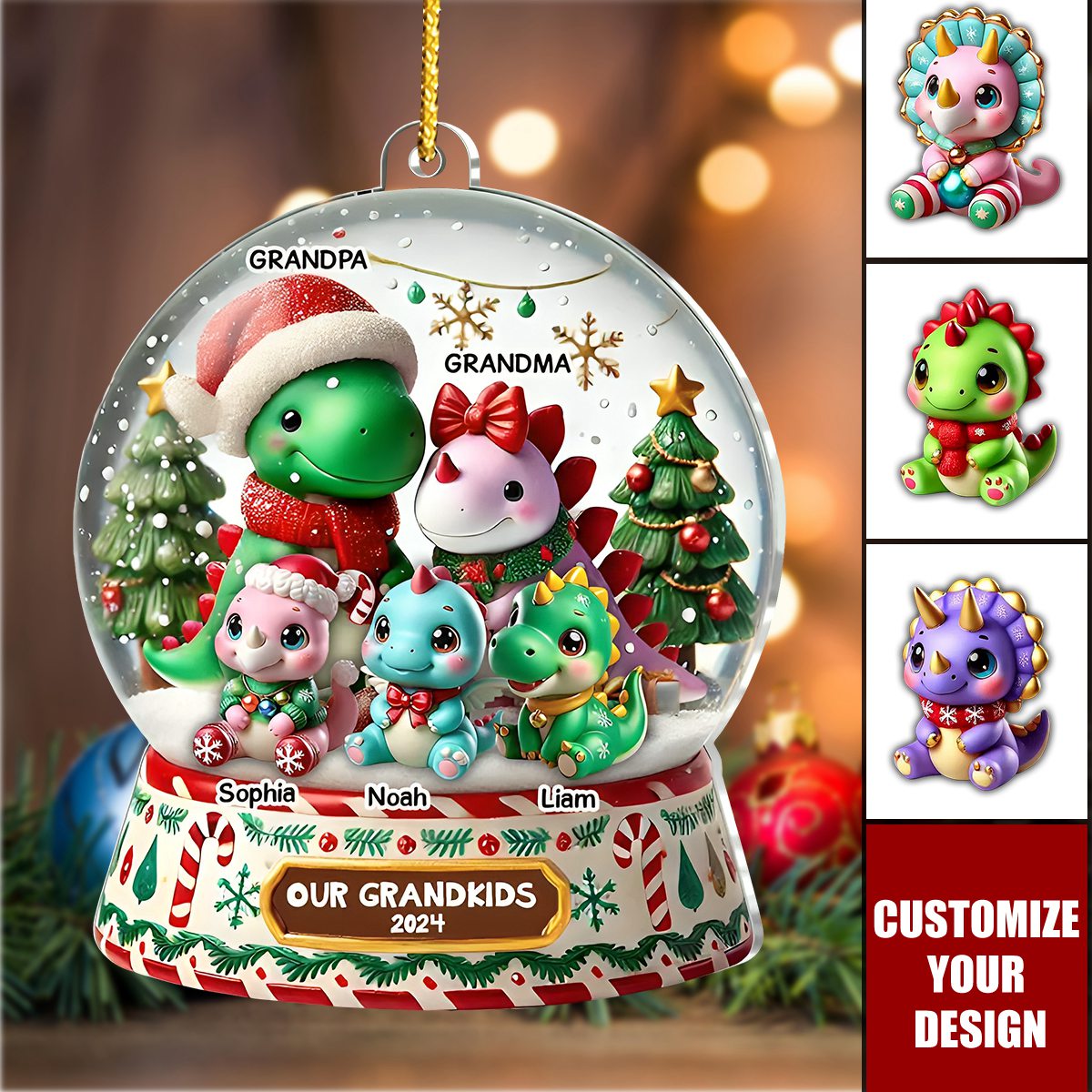 Personalized 3D Effect Grandmasaurus And Grandpasaurus Our Grandkids In Snow Globe Ornament