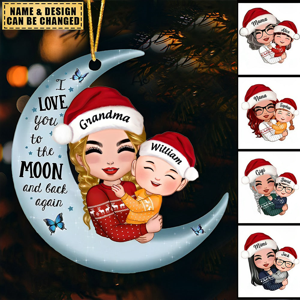 Doll Grandma Mom Hugging Kid -On Moon Christmas Gift Personalized Acrylic Ornament