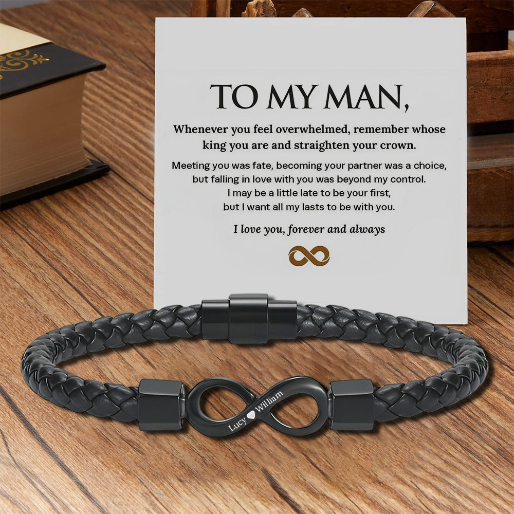 To My Man,Personalized Dual Name Infinity Leather Bracelet