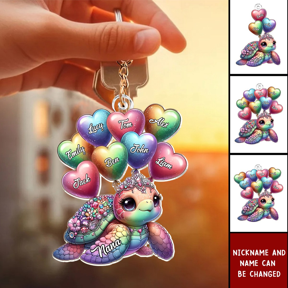 Pretty Sea Turtle Grandma Mom Balloon Kids Personalized Acrylic Keychain