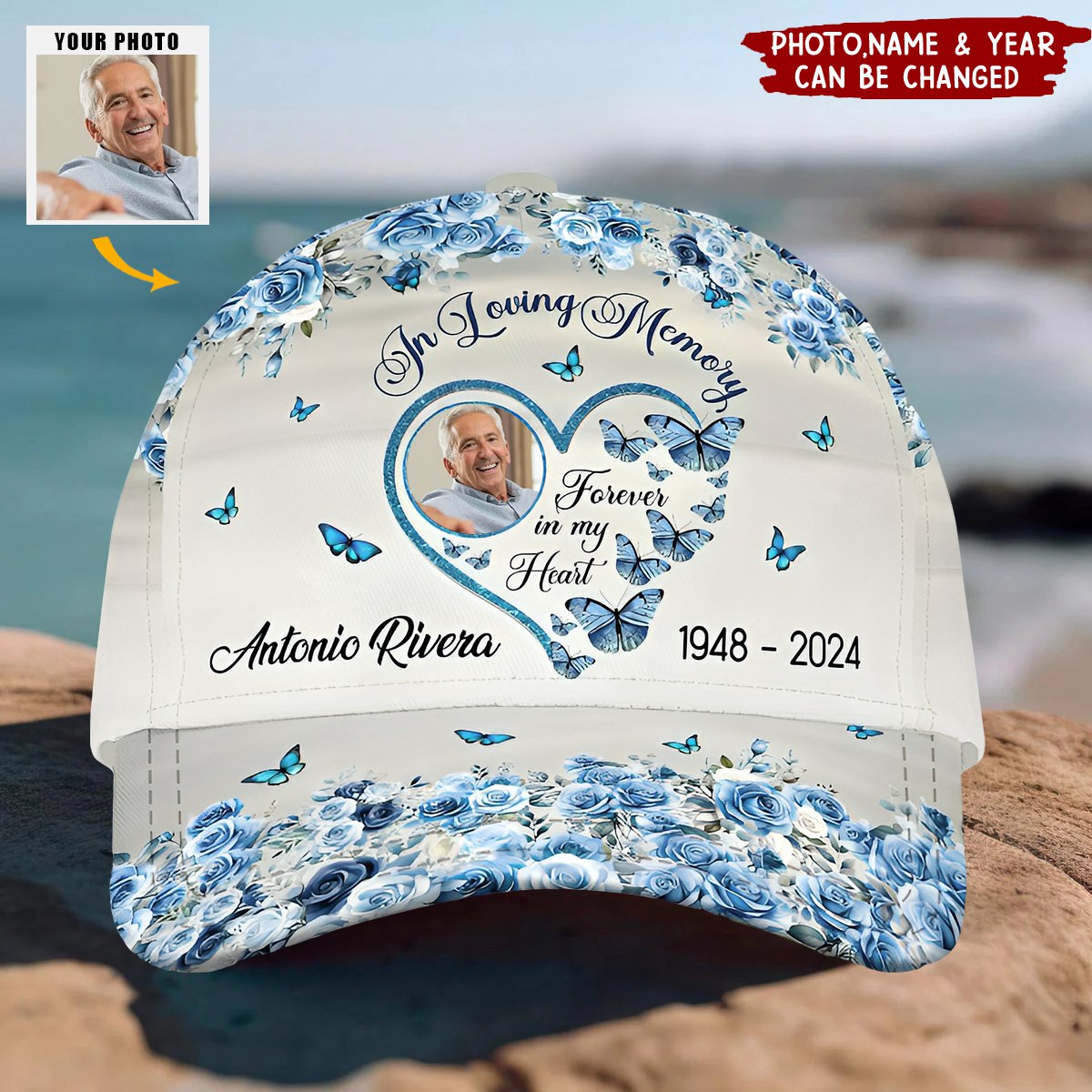 In Loving Memorial Forever In My Heart Rose Background Upload Photo Personalized Cap