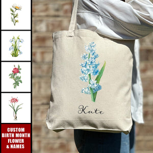 Personalized Birth Month Flower Birthday Gifts Custom Name Tote Bag