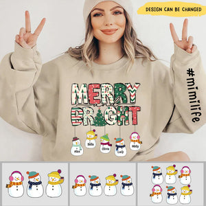 Merry And Bright Nana's Life Cute Snowman Kids Personalized 2D Sweatshirt Sleeve Custom