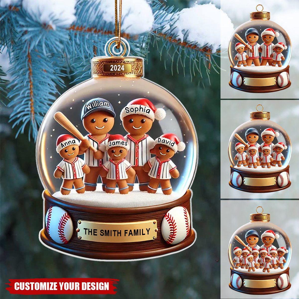 Baseball Gingerbread Family Sport Lover 3D Effect Personalized Acrylic Ornament