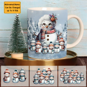 Snowman Grandma With Adorable Grandkids Personalized Mug