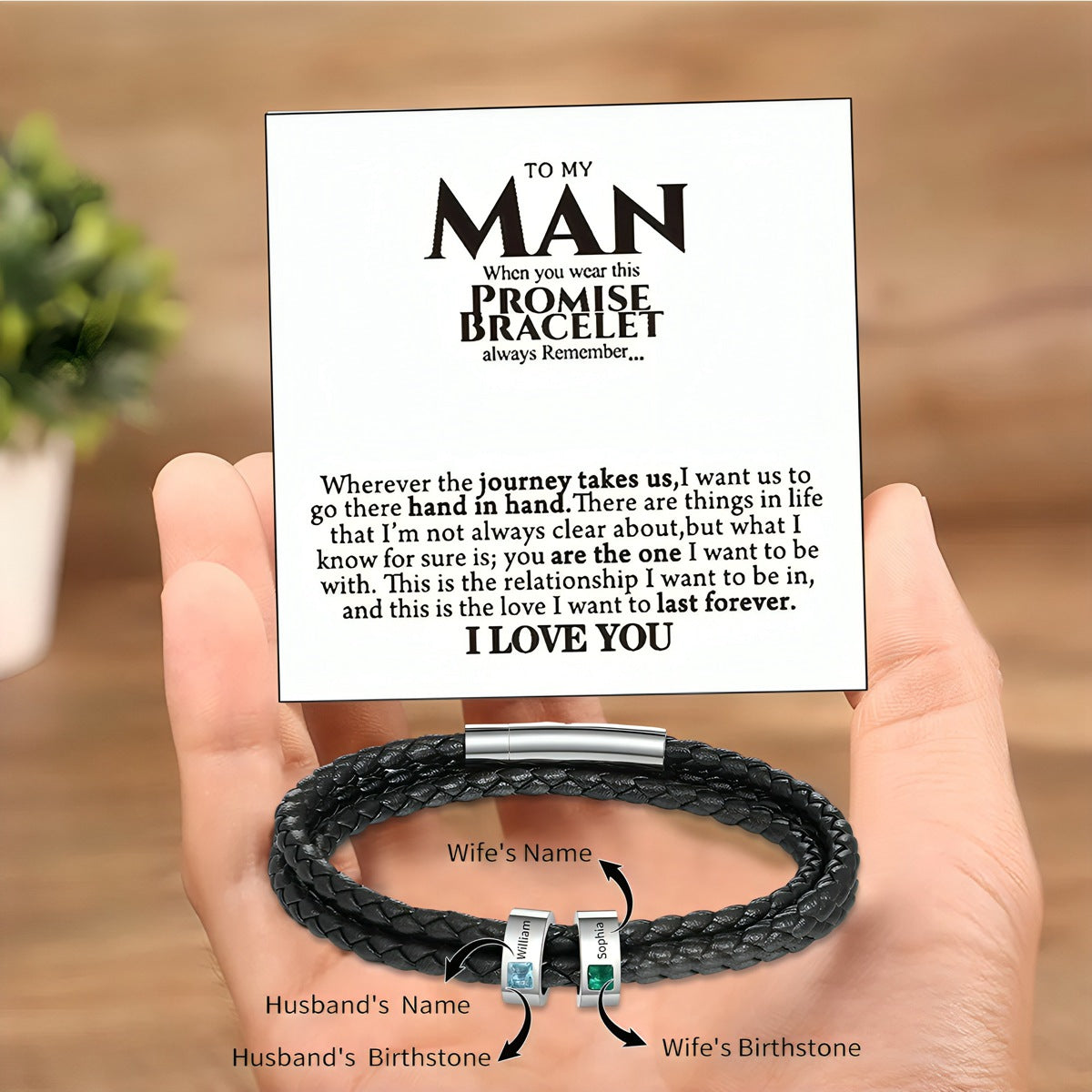 To My Man - Personalized Couple Name Birthstone Leather Bracelet