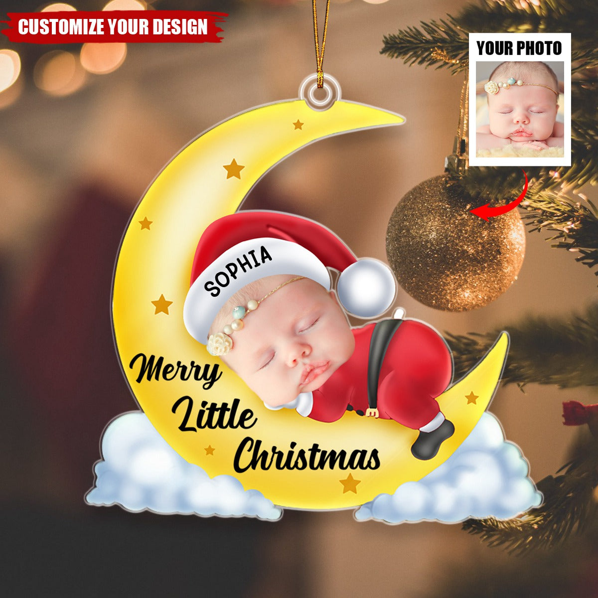 Custom Photo Christmas Baby Sleeping On The Moon - Personalized Cutout Acrylic Ornament