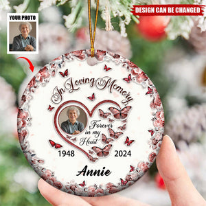 Sparkling Heart Memorial Butterflies Personalized Circle Ceramic Ornament