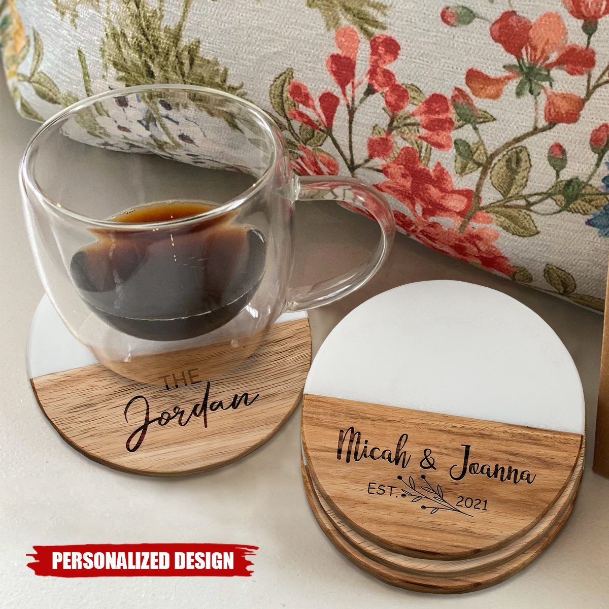 Custom Engraved Marble Wood Coasters, Personalized Coaster Set, Newly Wed Gift, Anniversary Gift