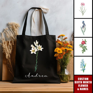 Personalized Birth Month Flower Birthday Gifts Custom Name Tote Bag