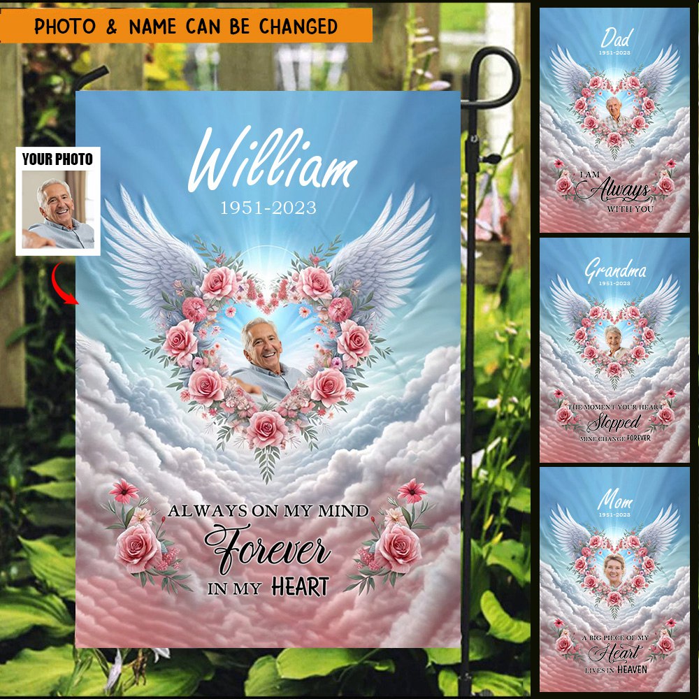 Personalized Angel Wings Memorial Flag Custom Photo - A Big Piece Of My Heart Lives In Heaven