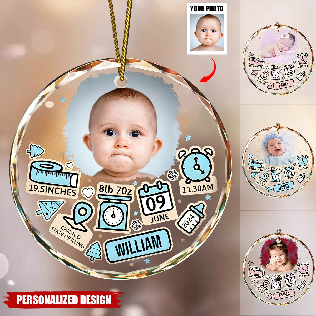 Baby's First Christmas - Personalized Custom Upload Photo Glass Ornament