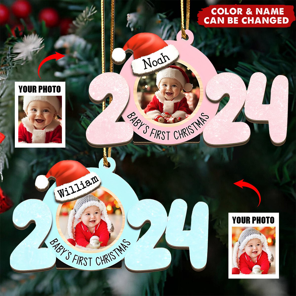 Personalized Baby's First Christmas 2024 Wooden Ornament