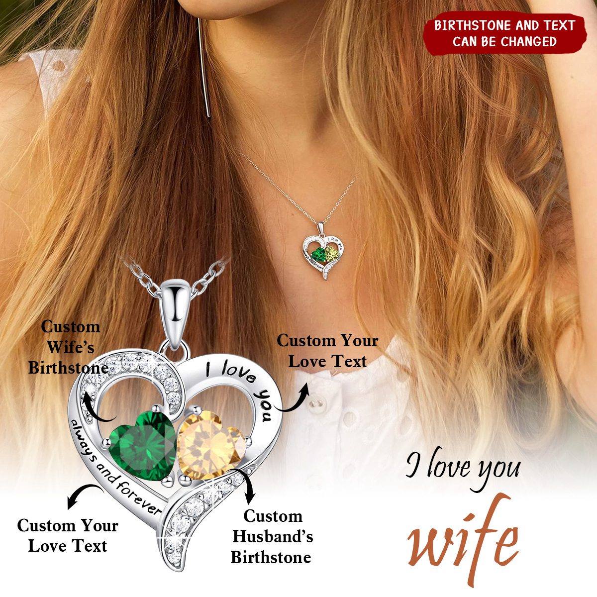 Personalized Our Love Heart Jewelry for Women with 2 Birthstones Necklace