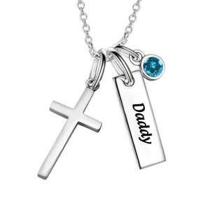 Personalized Dad Memorial Birthstone Necklace with Cross Charm
