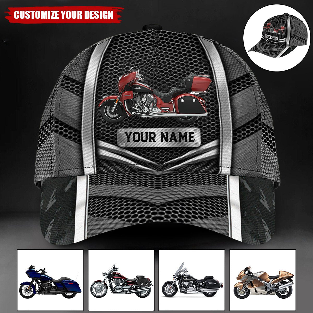 Motorcycle Black Metal Personalized Classic Cap, Gift for Motorcycle Lovers