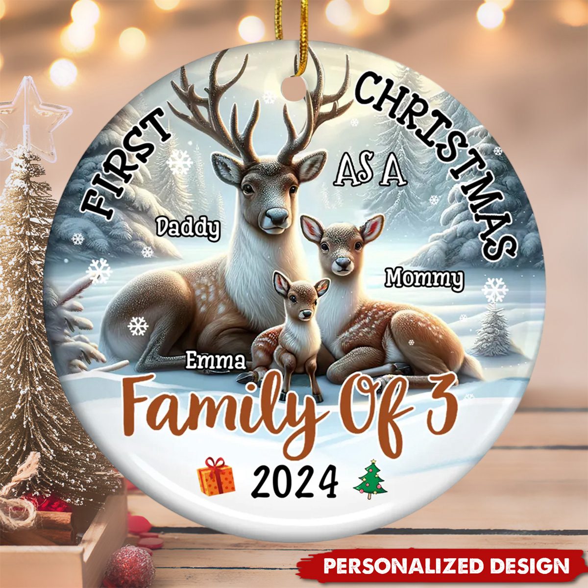 Personalized First Christmas As A Family Of Three Circle Ceramic Ornament