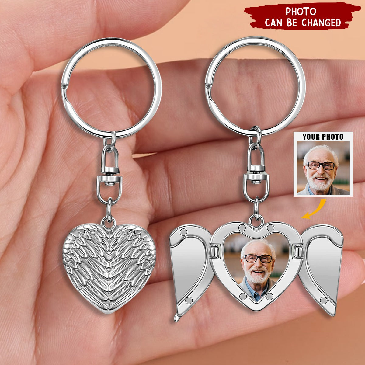 Custom Photo Locket Heart Angel Wings Keychain- Personalized Aluminum Keychain