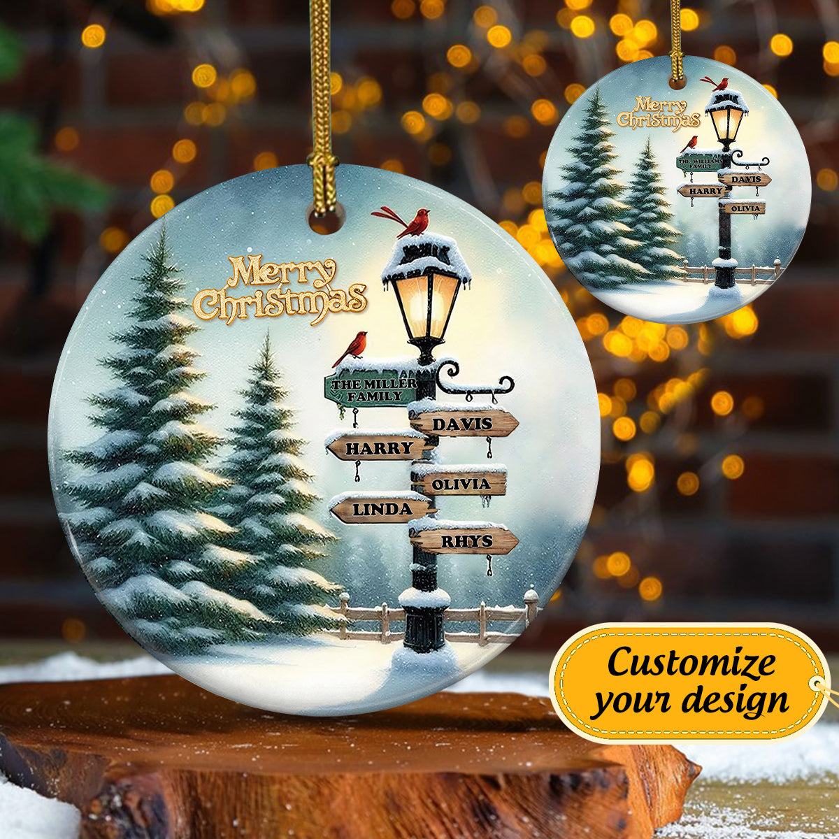 Personalized Family Christmas Snow Street Lamp Name Custom Ceramic Ornament