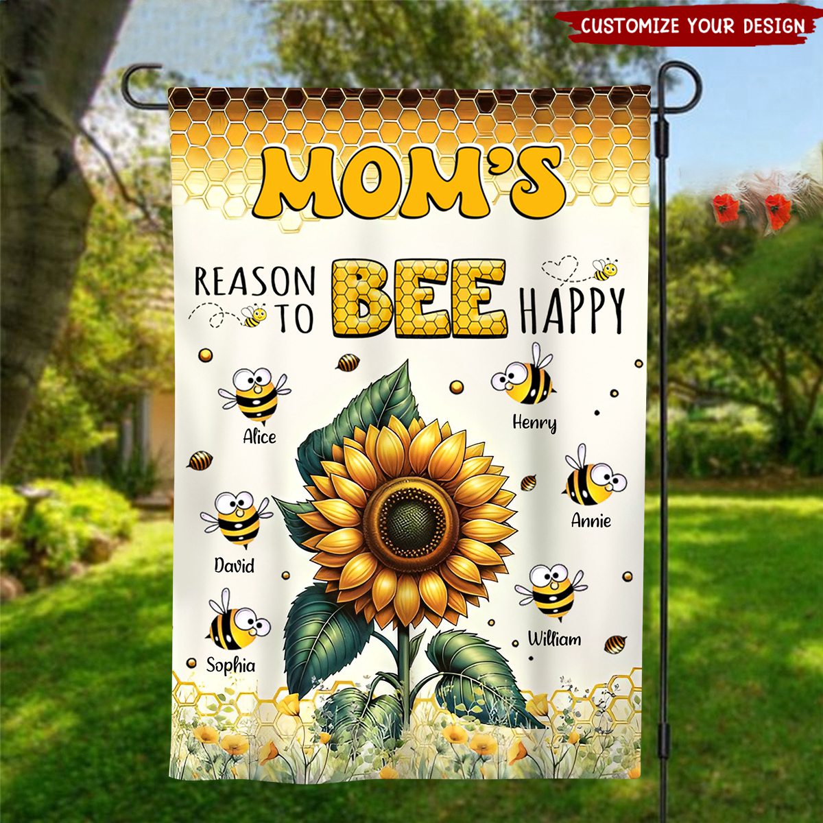 Sunflower Grandma Mom's Reasons To Bee Happy Personalized Flag