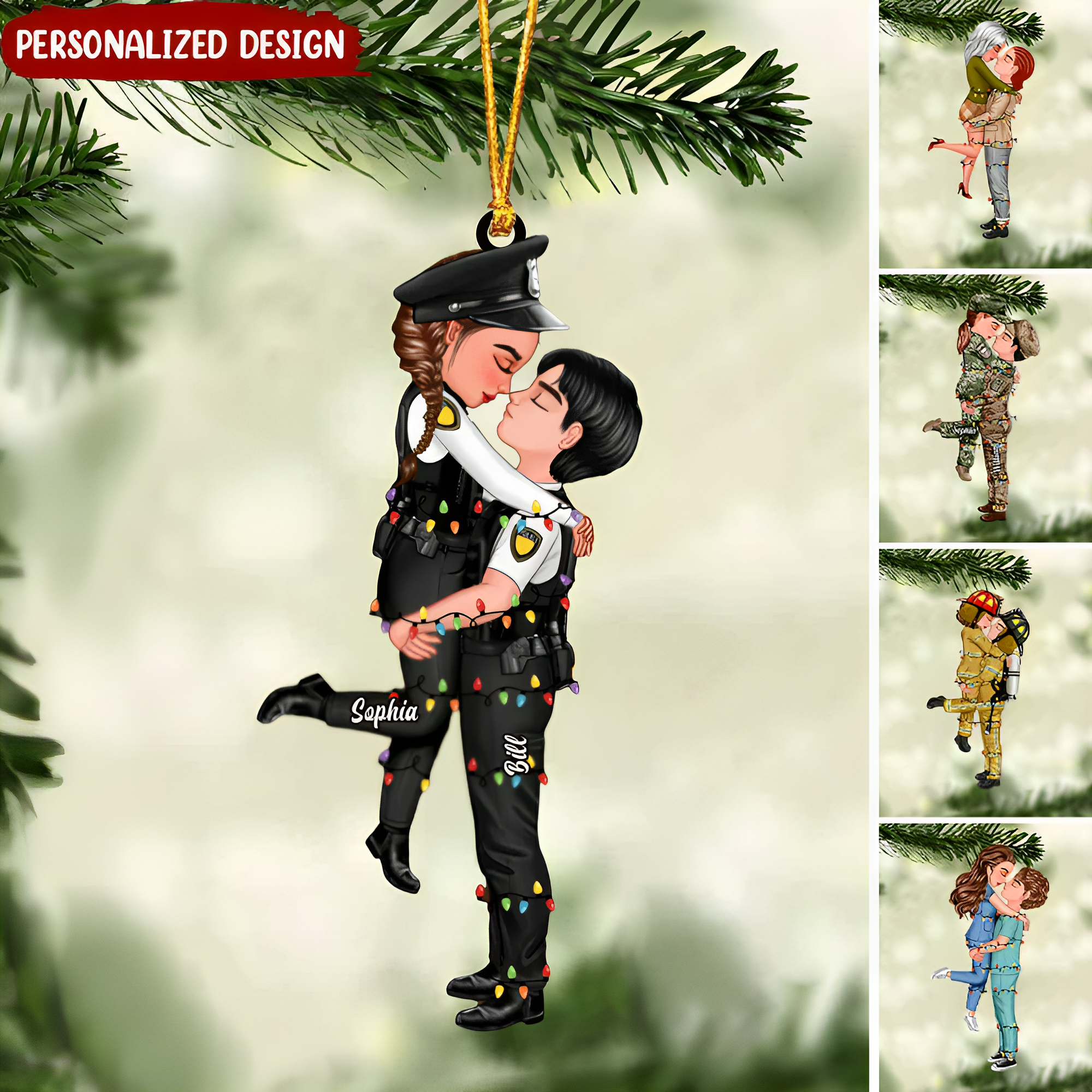Personalized Couple Portrait, Firefighter, Nurse, Police Officer, Teacher, Gifts by Occupation Christmas Tree Acrylic Ornament