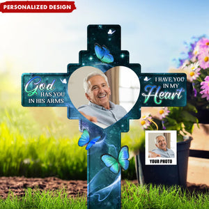 Custom Photo In Our Hearts Always - Memorial Personalized Custom Stain Glass Style Acrylic Garden Stake