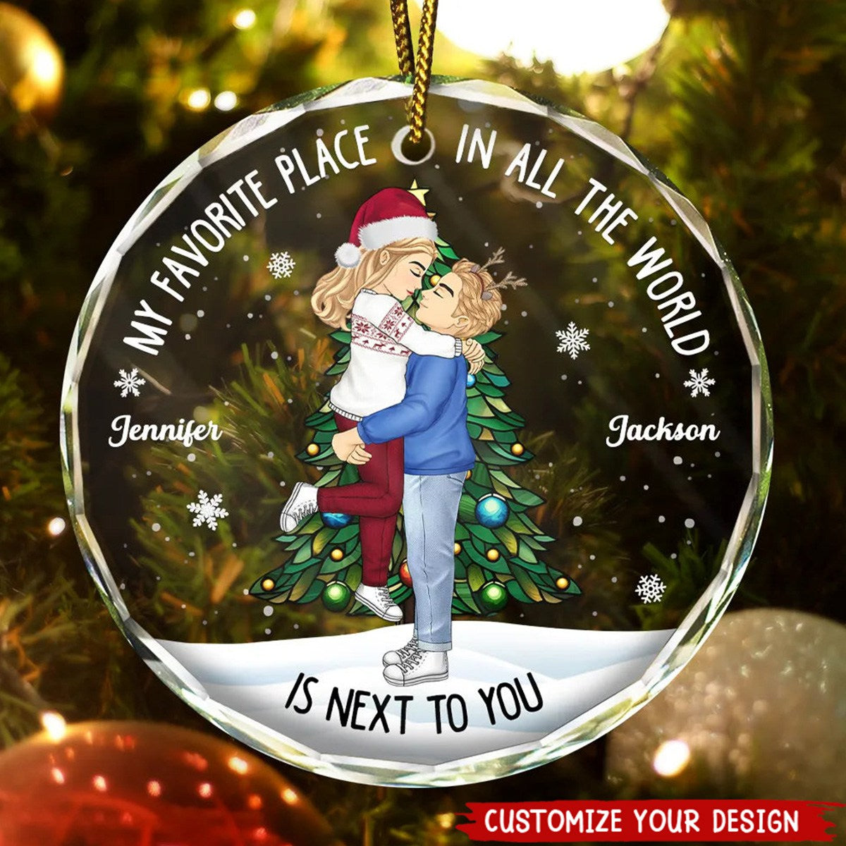 Christmas Couple Kissing My Favorite Place In All The World - Personalized Circle Ornament