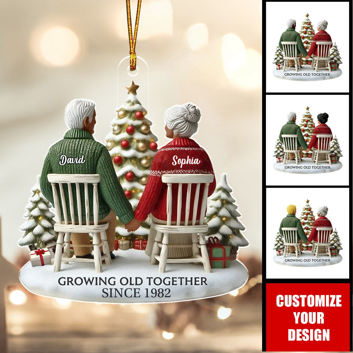 3D Effect Old Couple Growing Old Together Christmas Personalized Acrylic Ornament