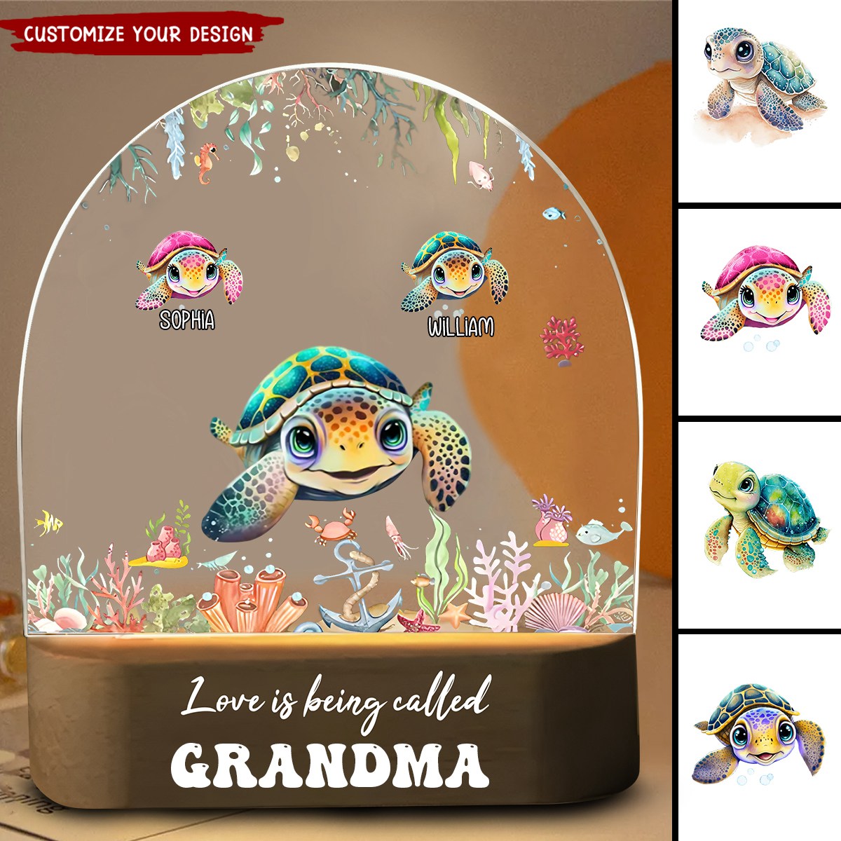 Cute Ocean Turtle Nana Mom Kids, Love Is Being Called Grandma Personalized Acrylic Block LED Night Light