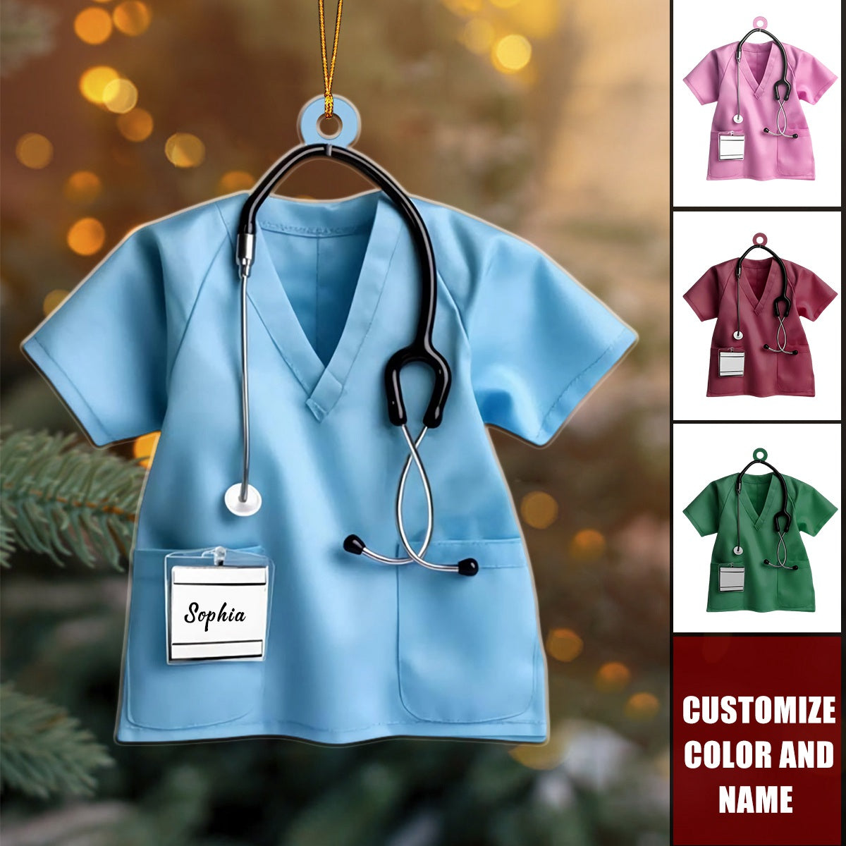 Personalized Scrubs Nurse Christmas Ornament with Name and Stethoscope