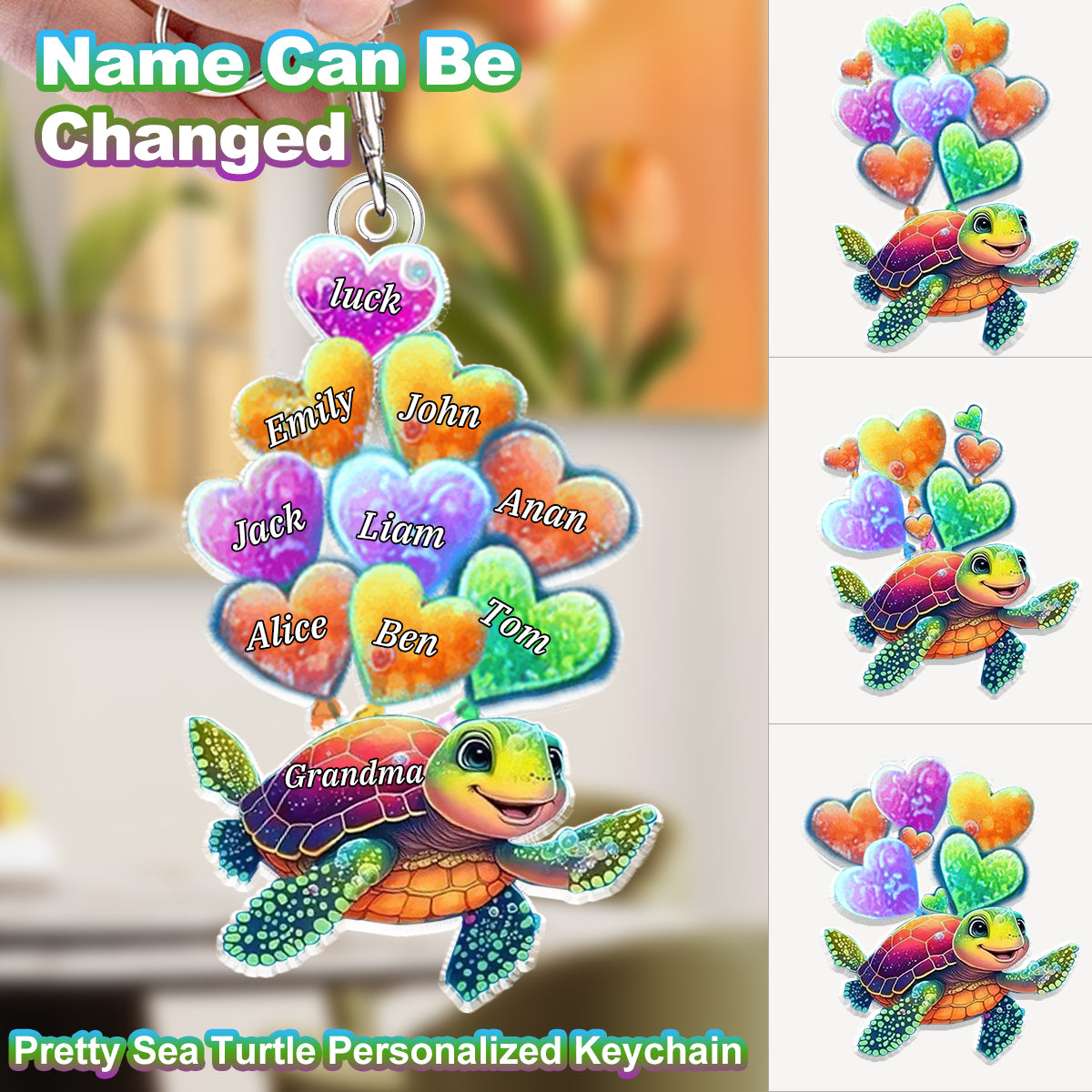 Cute Sea Turtle Grandma Mom Sweet Heart Balloon Kids Personalized Keychain